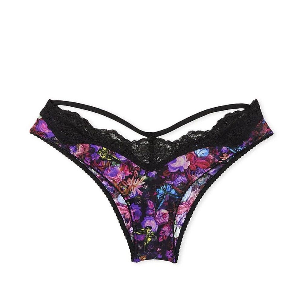 Victoria's Secret Shine Strap Lace Brazilian Cut-out Back Panty S Moody Floral